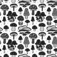 Forest mushrooms. Seamless pattern, texture, background. Packaging design. Ink vector. Black monochrome design. Botanic, nature.