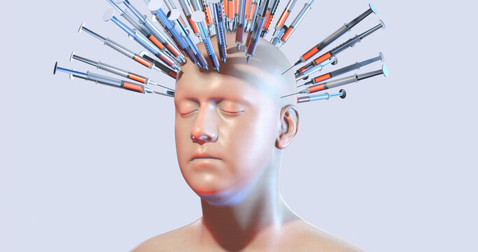 Multiple Covid Vaccine Syringes Injected On The Head. Patient Struggling With Illness And Unconscious. 3D Illustration Render