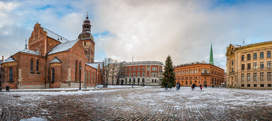 Panoramic view of Dome cathedral on Dome square with decorated Christmas tree in Riga, Latvia