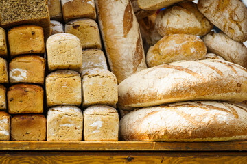 Many rustic fresh bread loaves
