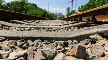 Old rusty railroad way, selective focus.