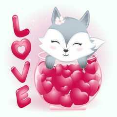 Cute Fox and heart in jar valentine's day concept illustration