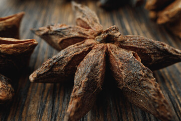 Macro photo of anise stars on wooden background