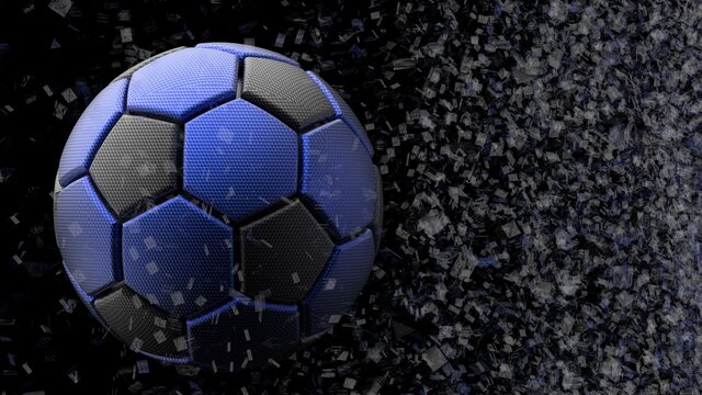 Soccer ball with Particles under Black Background. 3D sketch design and illustration. 3D high quality rendering.	