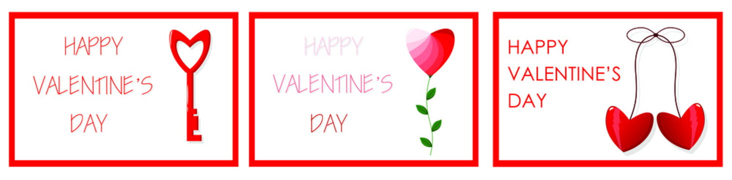 Fototapeta A set of postcards for Valentine's Day. Red hearts, inscriptions. Vector illustration