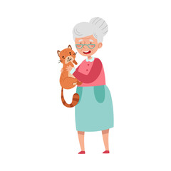 Senior Woman Holding Her Cat Pet and Stroking It Vector Illustration
