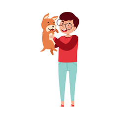 Man Playing with His Dog Puppy Vector Illustration