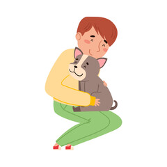 Young Man Sitting with His Dog Puppy Vector Illustration
