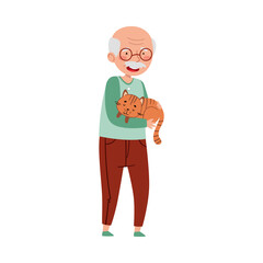 Senior Man Holding His Cat Pet with Arms Vector Illustration