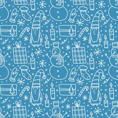 Doodle winter seamless pattern. Cute snowmen, funny gnome and xmas gifts, festive hand drawn new year print white elements on blue background decor textile, wrapping paper wallpaper vector texture
