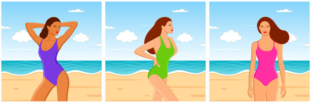 Beautiful sexy young women relaxing, stretching and posing in swimsuit on the beach. Colorful flat cartoon vector illustration