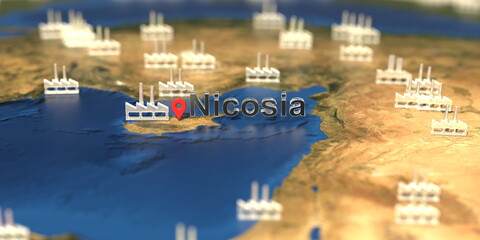 Nicosia city and factory icons on the map, industrial production related 3D rendering