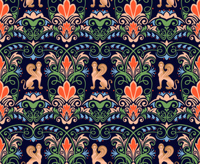 Sphinx. The image of a creature with a female head, the body of a lion and the wings of an eagle. Ornament. Seamless pattern. Vector graphics