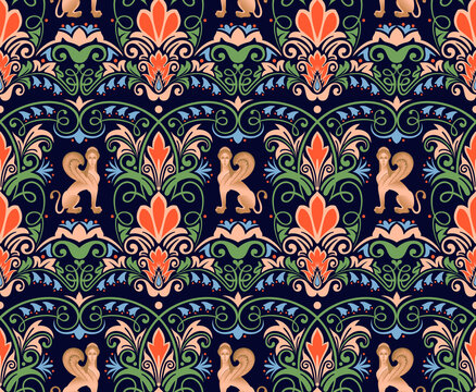 Sphinx. The image of a creature with a female head, the body of a lion and the wings of an eagle. Ornament. Seamless pattern. Vector graphics