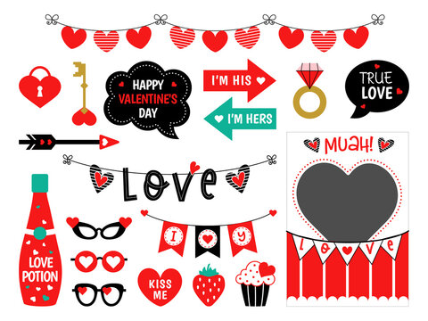 Photo booth props for Valentines Day and wedding party. Candy and kisses booth. Love stickers. Photobooth for selfie. Speech bubbles with text.