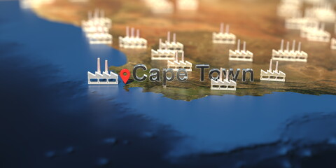 Factory icons near Cape Town on the map, industrial production related 3D rendering