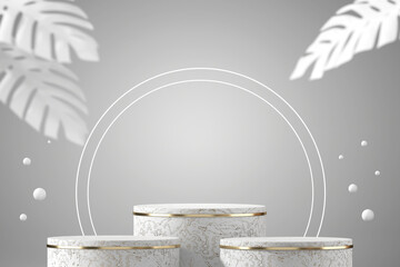 Abstract white marble podium for product display focus main object with white backdrop 3d rendering