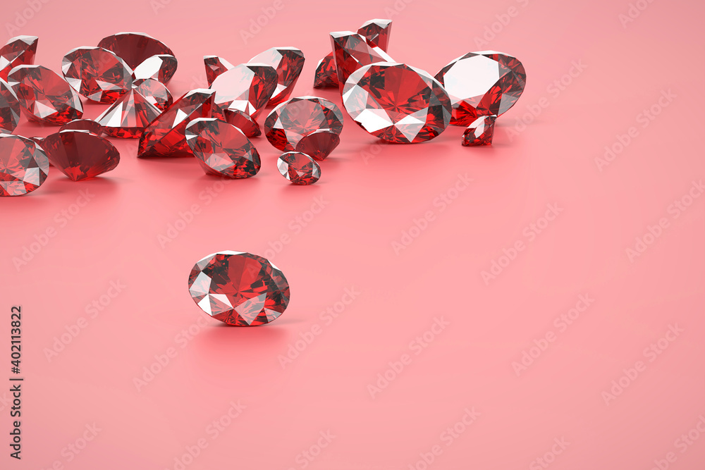 Aufkleber ruby red diamond group placed on matte pink background 3d rendering