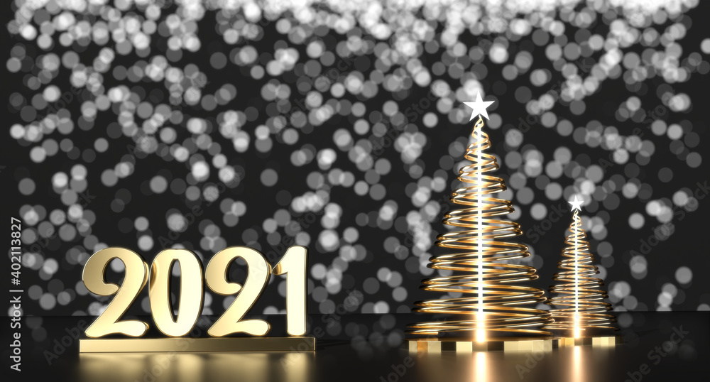 Poster happy new years theme 2021 with light bokeh and christmas tree 3d rendering