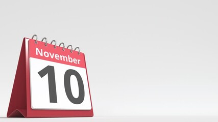 November 10 date on the flip desk calendar page, blank space for user text, 3d animation