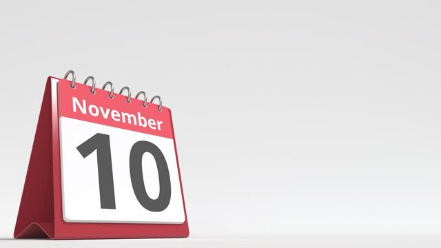 November 10 date on the flip desk calendar page, blank space for user text, 3d animation