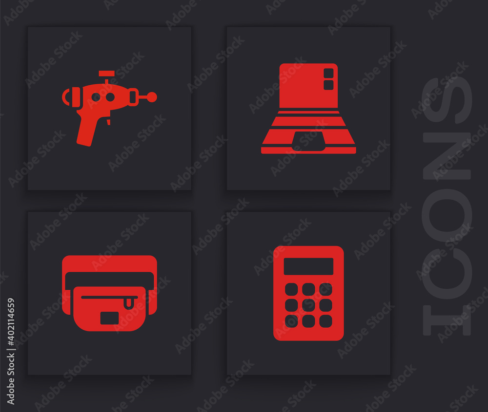 Poster Set Calculator, Ray gun, Laptop and Waist bag of banana icon. Vector.