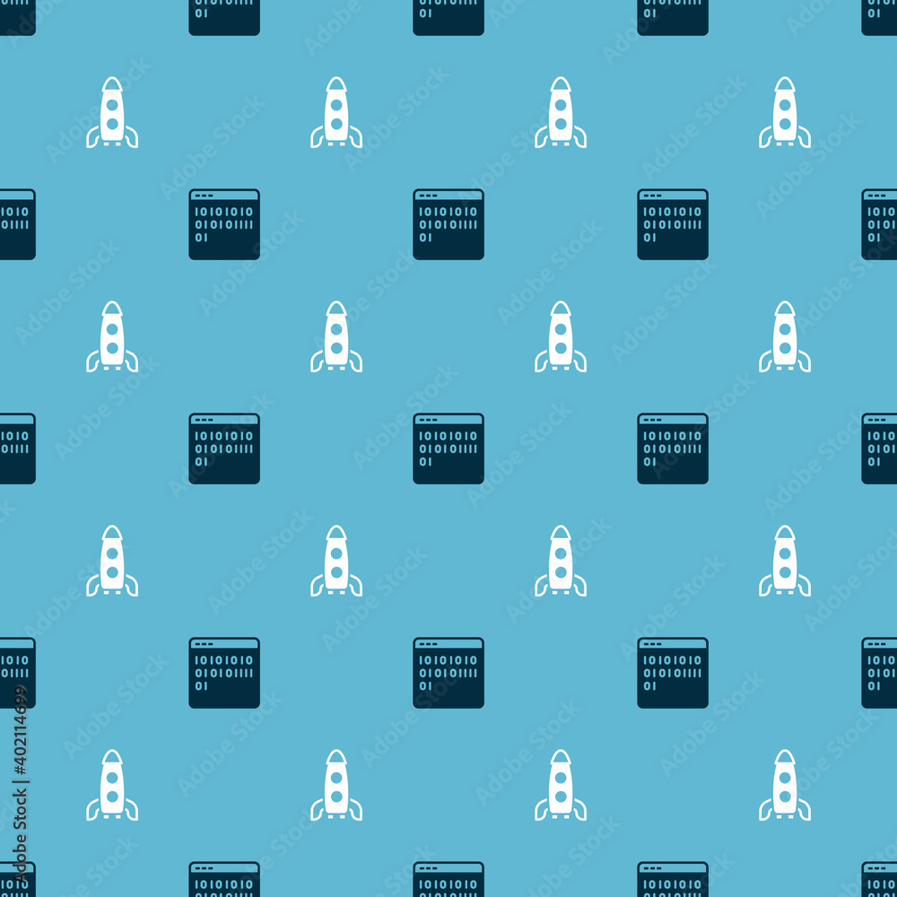 Poster set binary code and rocket ship on seamless pattern. vector.