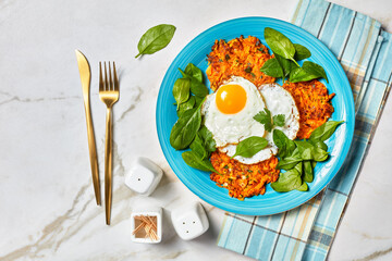 Sweet Potato rosti with Fried Eggs and Greens
