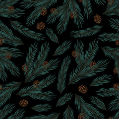 Seamless pattern of fir branches of different shapes and sizes, with cones. It looks realistic. On a black background. For printing on clothing, wrapping paper, or holiday tableware.