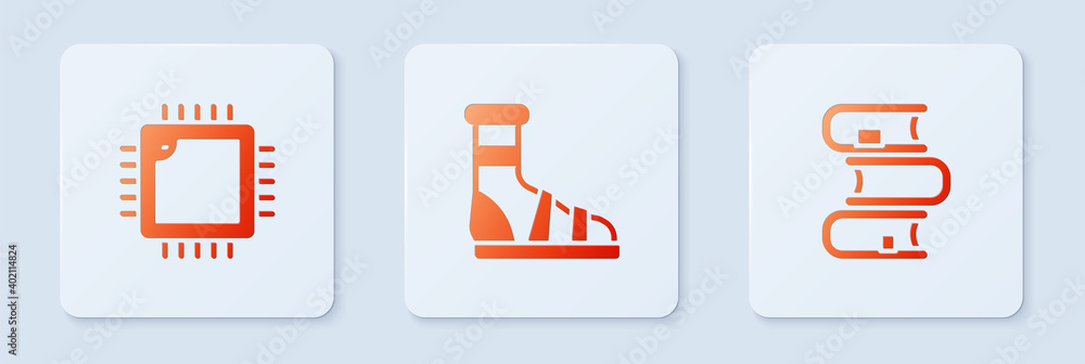 Poster set slippers with socks, processor cpu and book. white square button. vector.