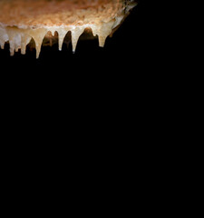Stalactites with water drops over dark black background