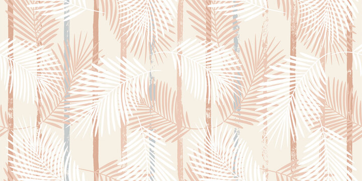Tropical pattern, palm leaves seamless vector floral background. Exotic plant on beige stripes print illustration. Summer nature jungle print. Leaves of palm tree on paint lines. ink brush strokes