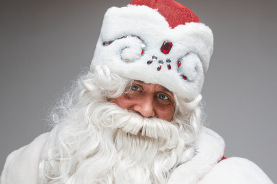 portrait of happy smiling father frost, picture isolated on grey background