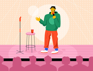 Professional comedian performing in stand up show at stage