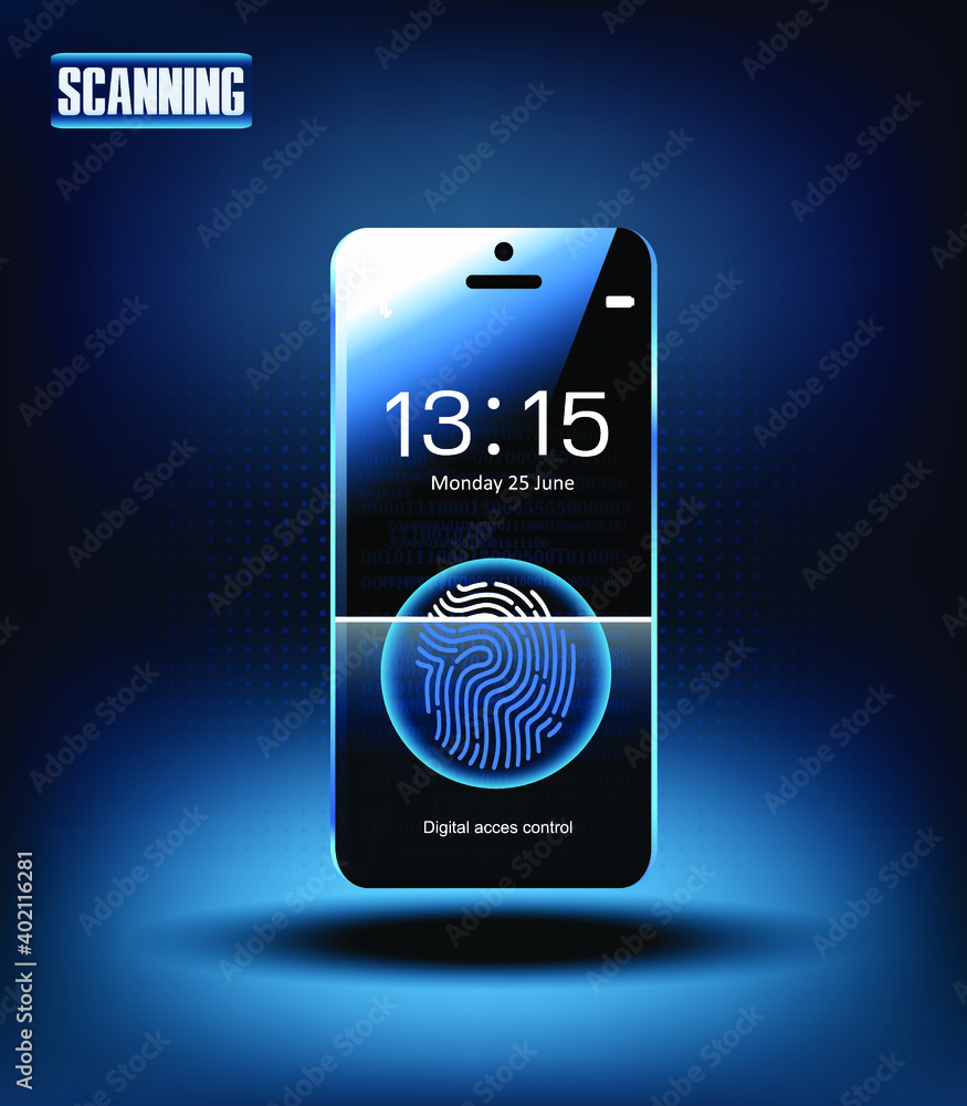 Poster smartphone with fingerprint. electronic access control. digital code and protection of personal data