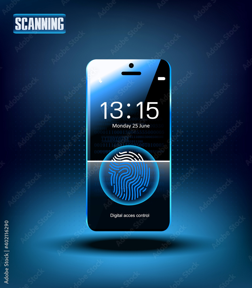 Aufkleber smartphone with fingerprint. electronic access control. digital code and protection of personal data
