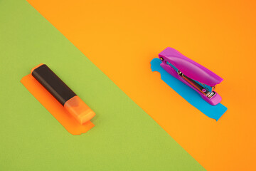 Stationery in bright pop colors with visual illusion effect, modern art. Collection, set for education. Copyspace for ad. Youth culture, stylish things around us. Trendy creative workplace.