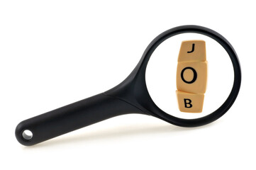 Concept d'emploi avec une loupe en gros plan sur fond blanc