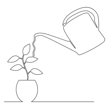 recommend clip art: Watering pot plants, continuous line. Vector illustration, isolated on white background.