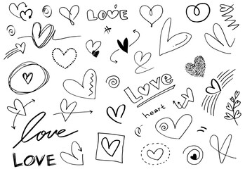 Hand drawn hearts set elements, in a hand drawn style for concept designs. Scribble illustration. Vector illustration.