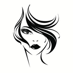 Beauty salon, hair studio illustration.Wavy hairstyle woman with elegant makeup.Cosmetics and spa icon isolated on light background.Young lady portrait.Beautiful model face.Luxury,glamour style.