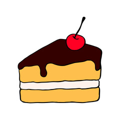 Tasty cake with chocolate and cherry on a white background isolated. Vector illustration