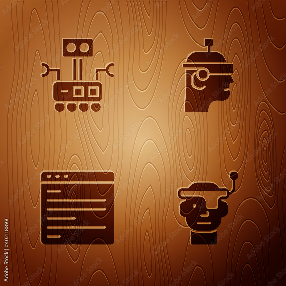 Poster set smart glasses, robot, computer api interface and on wooden background. vector.