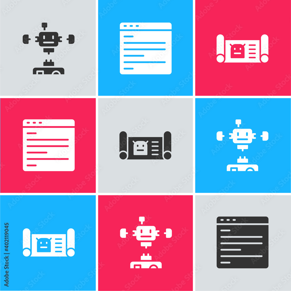 Poster set disassembled robot, computer api interface and robot blueprint icon. vector.
