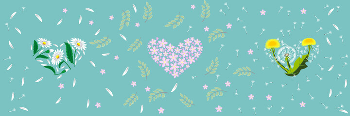 heart-shaped different flowers seamless pattern