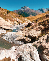 Transparent river flowing by a natural landscape.