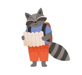 Cute raccoon reading paper map, going on trip or vacation vector flat illustration. Funny wild animal with backpack checking route in journey isolated. Hiker character enjoying adventure travel