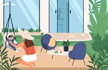 Happy mother playing with little son at backyard of house vector flat illustration. Joyful family spending time together at summer weekend. Woman enjoying motherhood outdoor