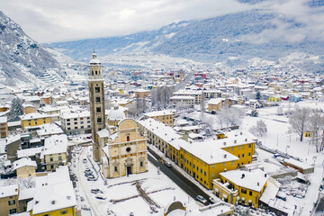 Basilica of Tirano, Valtellina, Italy, aerial view