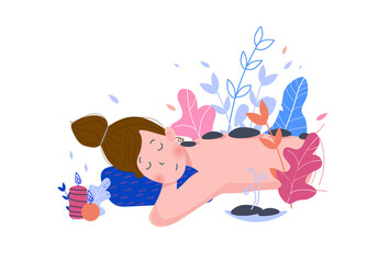 Spa center service flat vector illustrations set. Hot stone massage,  treatments for relaxation, body care and skincare, therapies and accessories. Beauty salon visitors cartoon characters. 
